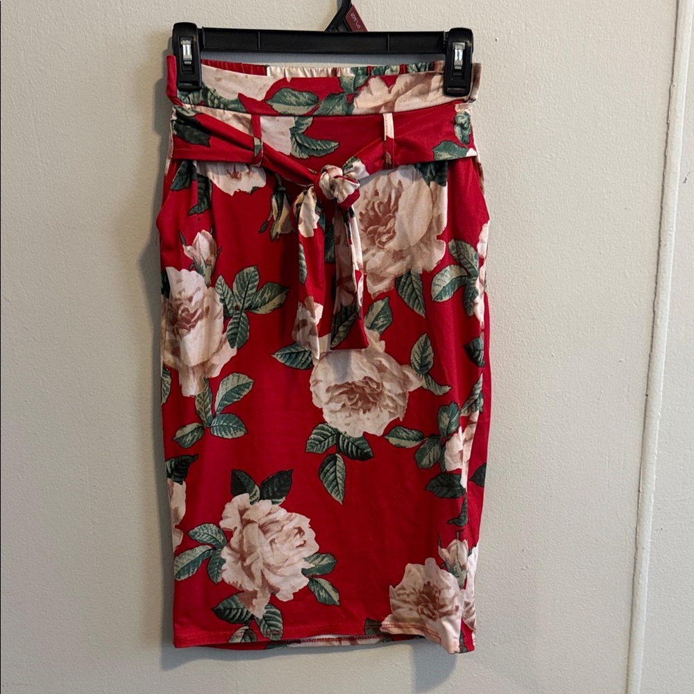 Rainbow Red Floral Pencil Skirt